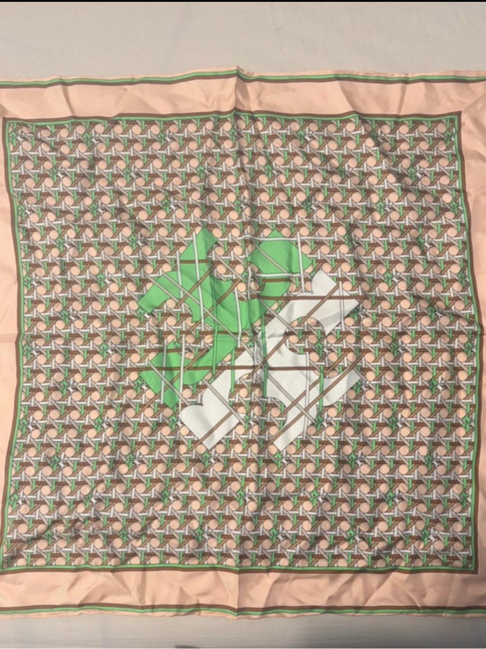 Tory Burch Peach, Mint and White Logo Pattern Silk Scarf